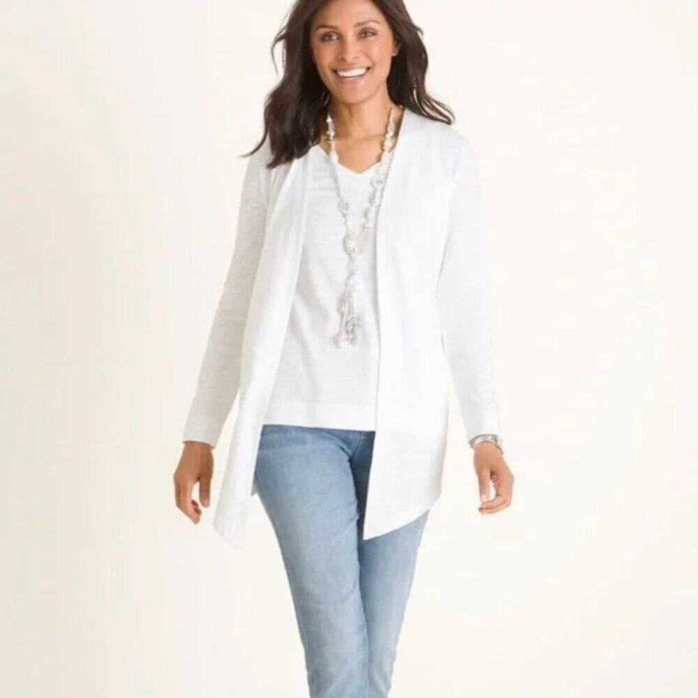 Chico’s Waterfall Open Cardigan Women’s size 0 White Ultimate Tee Line Drape Com